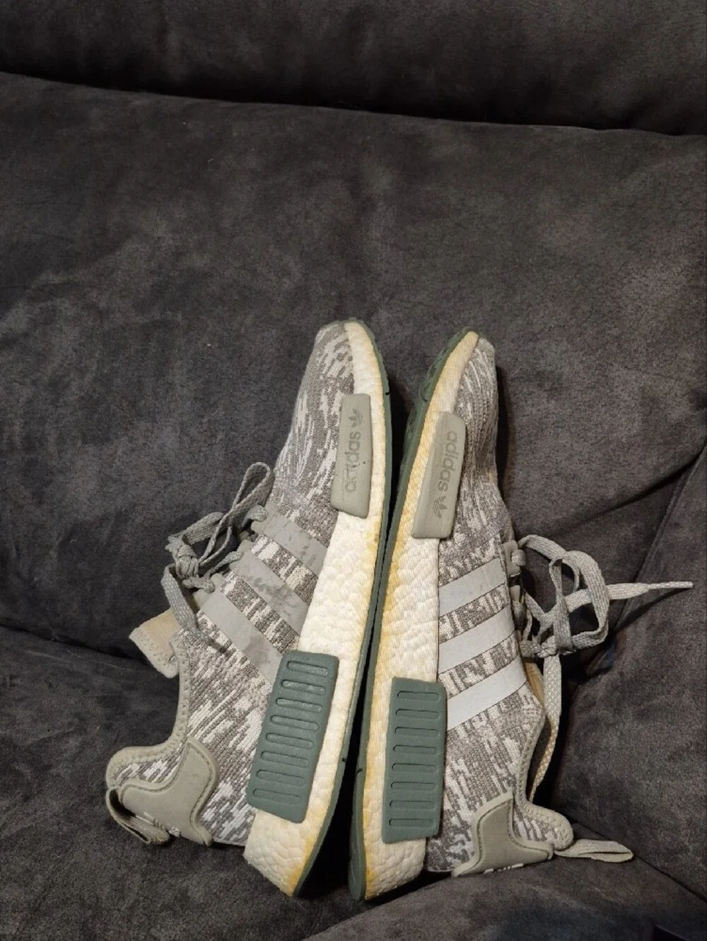 adidas Men’s Gray Knit NMD Sneakers with Green Accents
